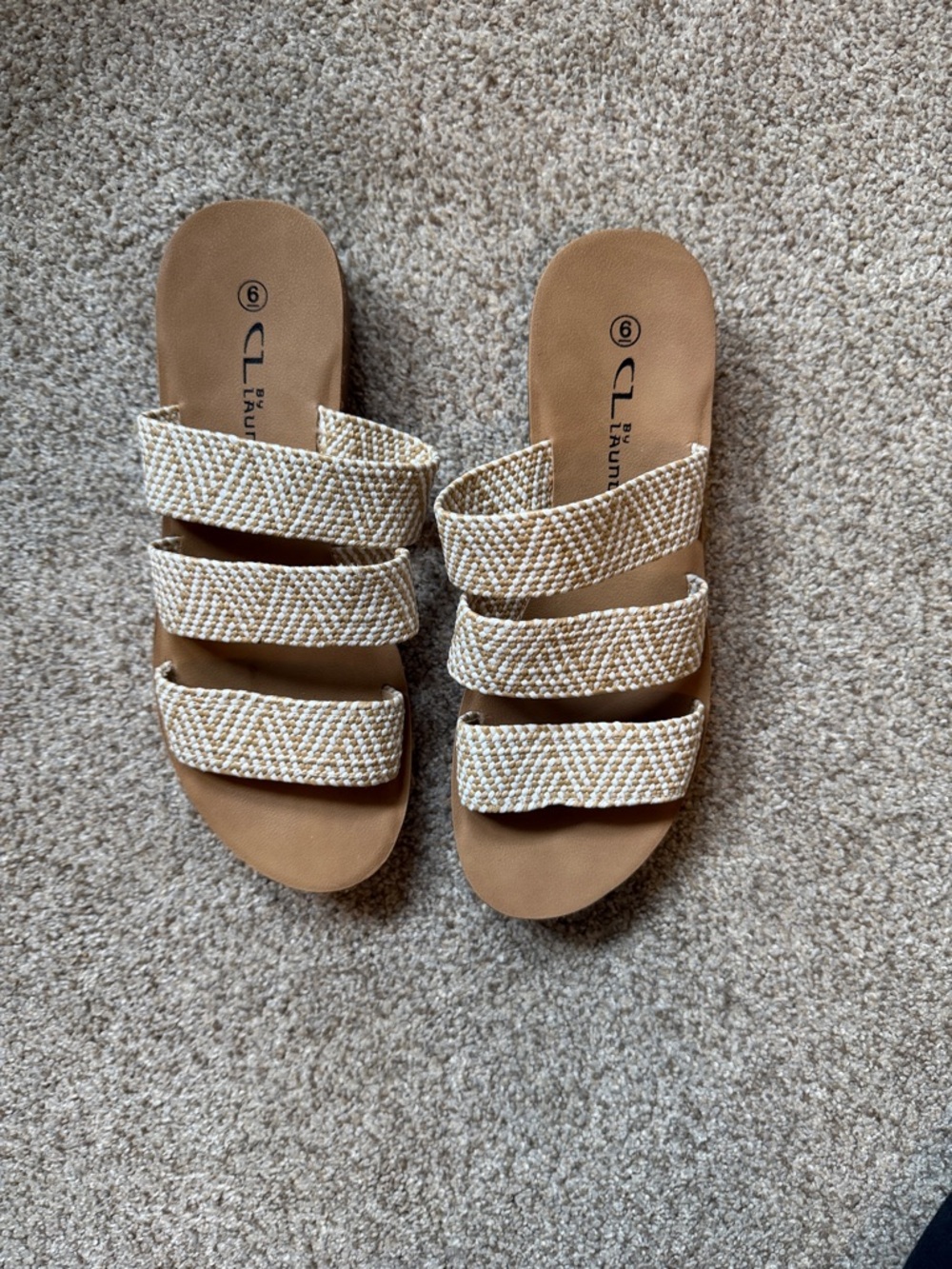 CL by Laundry Braided Triple-Strap Slide Sandals in Tan and Cream